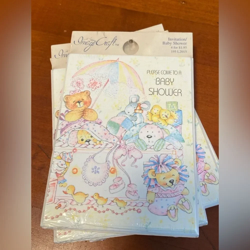 Vintage Bear Baby Animals Pastel Cottage Baby Shower Card Invitations NEW